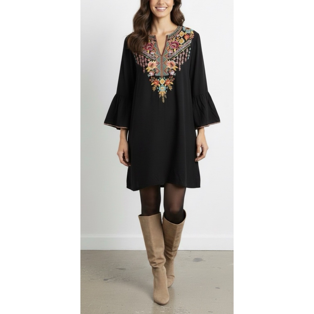 Johnny Was Sypress Silk Embroidered Tunic Dress 2XL Black Boho Peasant Mini